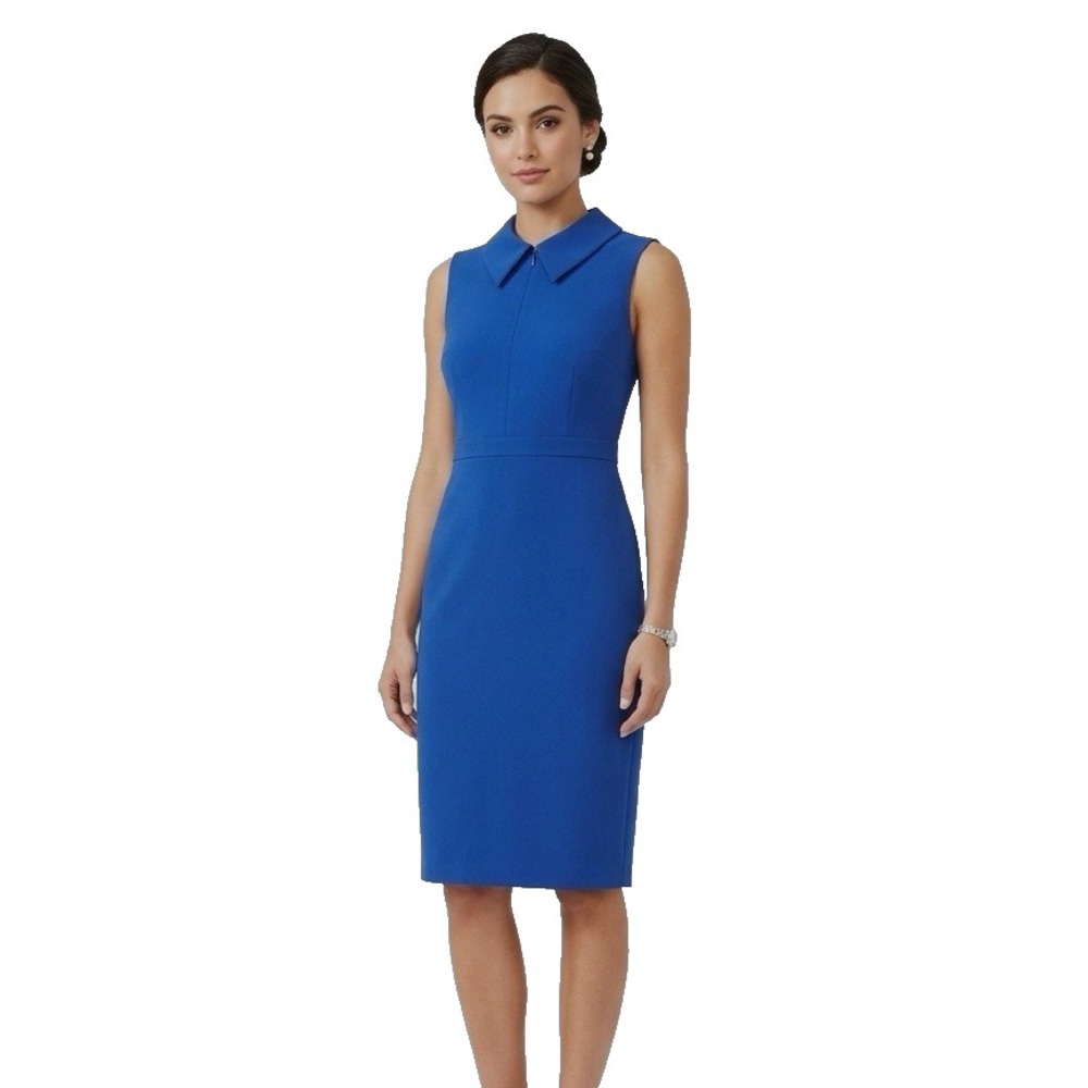 Calvin Klein Sheath Dress Sz 10 Royal Blue Sleeveless Point Collar Tailored Midi